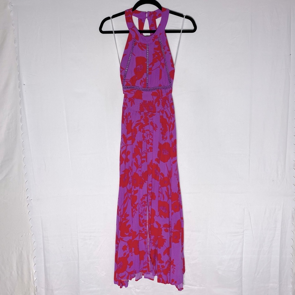 Abel the Label Purple Red Floral Halter Maxi Sundress XS Festival Garden Party